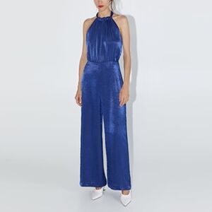 Zara Blue Satin Halter Jumpsuit